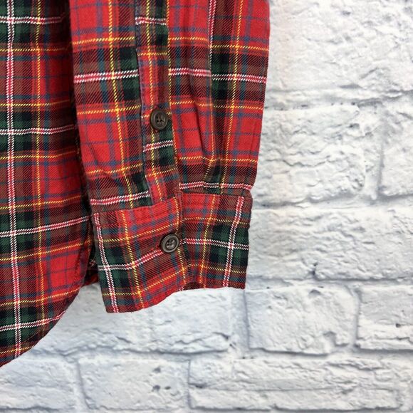 Eddie Bauer Button Up Shirt Red Plaid Flannel Faux Leather Shoulder Patch Medium - Picture 5 of 10